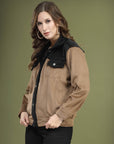 Solid Brown Self Design Spread Collar Bomber Jacket