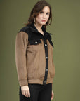 Solid Brown Self Design Spread Collar Bomber Jacket