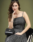 Black Abstract Printed Shoulder Straps Smocked Fit and Flare Midi Dress