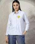 Women Blue White Opaque Striped Casual Buttoned Top
