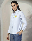 Women Blue White Opaque Striped Casual Buttoned Top