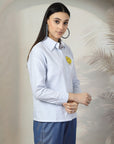 Women Blue White Opaque Striped Casual Buttoned Top