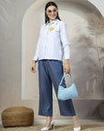 Women Blue White Opaque Striped Casual Buttoned Top