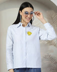 Women Blue White Opaque Striped Casual Buttoned Top