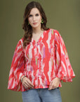 Pink Printed V-Neck Flared Sleeves Top