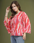 Pink Printed V-Neck Flared Sleeves Top