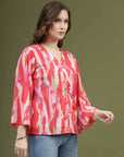 Pink Printed V-Neck Flared Sleeves Top