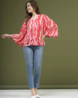 Pink Printed V-Neck Flared Sleeves Top