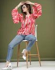 Pink Printed V-Neck Flared Sleeves Top