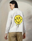 Women Beige White Opaque Striped Casual Buttoned Top