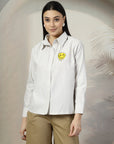Women Beige White Opaque Striped Casual Buttoned Top