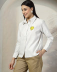 Women Beige White Opaque Striped Casual Buttoned Top