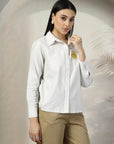 Women Beige White Opaque Striped Casual Buttoned Top