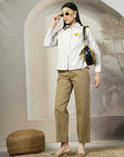 Women Beige White Opaque Striped Casual Buttoned Top