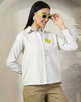 Women Beige White Opaque Striped Casual Buttoned Top