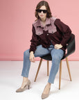 Maroon Self Design Spread Collar Bomber Jacket