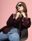 Maroon Self Design Spread Collar Bomber Jacket