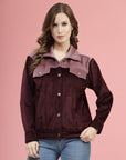 Maroon Self Design Spread Collar Bomber Jacket
