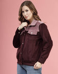 Maroon Self Design Spread Collar Bomber Jacket