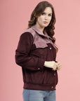 Maroon Self Design Spread Collar Bomber Jacket