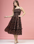 Brown Black Ethnic Motifs Printed Smocked Tiered A-Line Dress