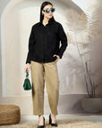 Women Black Opaque Cotton Casual Buttoned Top
