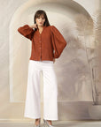 Striped Mandarin Collar Shirt Style Polyester Top
