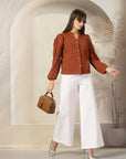 Striped Mandarin Collar Shirt Style Polyester Top