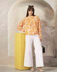 Floral Print Mandarin Collar Cotton Shirt Style Top