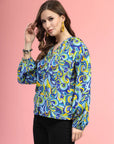 Blue Green Ethnic Motifs Printed Shirt Style Top
