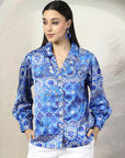 Women Blue Floral Opaque Printed Casual Buttoned Top