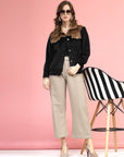 Black Self Design Spread Collar Bomber Jacket