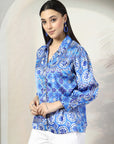 Women Blue Floral Opaque Printed Casual Buttoned Top