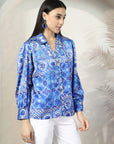 Women Blue Floral Opaque Printed Casual Buttoned Top