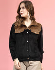 Black Self Design Spread Collar Bomber Jacket
