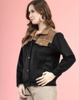 Black Self Design Spread Collar Bomber Jacket