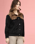 Black Self Design Spread Collar Bomber Jacket