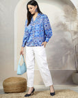 Women Blue Floral Opaque Printed Casual Buttoned Top