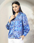 Women Blue Floral Opaque Printed Casual Buttoned Top