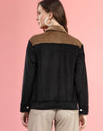 Black Self Design Spread Collar Bomber Jacket