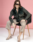 Solid Olive Self Design Spread Collar Bomber Jacket