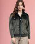 Solid Olive Self Design Spread Collar Bomber Jacket