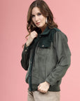 Solid Olive Self Design Spread Collar Bomber Jacket