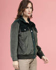 Solid Olive Self Design Spread Collar Bomber Jacket