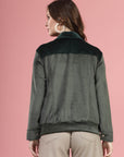 Solid Olive Self Design Spread Collar Bomber Jacket
