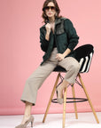 Green Self Design Spread Collar Bomber Jacket