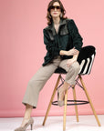 Green Self Design Spread Collar Bomber Jacket