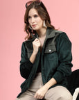 Green Self Design Spread Collar Bomber Jacket