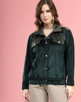 Green Self Design Spread Collar Bomber Jacket