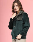Green Self Design Spread Collar Bomber Jacket